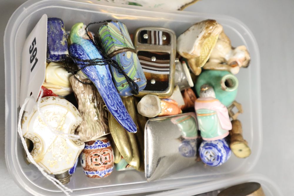 A collection of ceramic, glass and wood ornaments, including a Chinese two handled flask